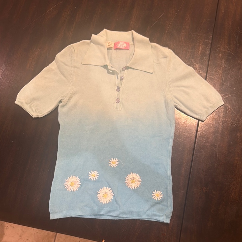Blue Knit Polo Shirt with Floral Embellishments
